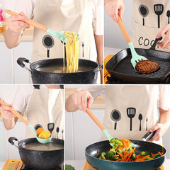 Revamp your kitchen with our 12-piece Wooden Handle Silicone Utensils Set, complete with a handy storage bucket!