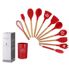 Revamp your kitchen with our 12-piece Wooden Handle Silicone Utensils Set, complete with a handy storage bucket!