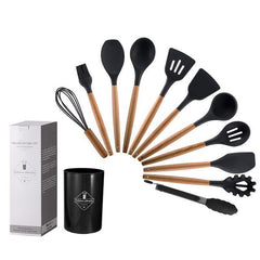 Revamp your kitchen with our 12-piece Wooden Handle Silicone Utensils Set, complete with a handy storage bucket!