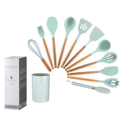 Revamp your kitchen with our 12-piece Wooden Handle Silicone Utensils Set, complete with a handy storage bucket!