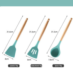 Revamp your kitchen with our 12-piece Wooden Handle Silicone Utensils Set, complete with a handy storage bucket!