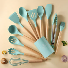 Revamp your kitchen with our 12-piece Wooden Handle Silicone Utensils Set, complete with a handy storage bucket!