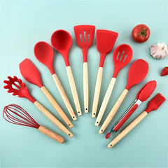 Revamp your kitchen with our 12-piece Wooden Handle Silicone Utensils Set, complete with a handy storage bucket!